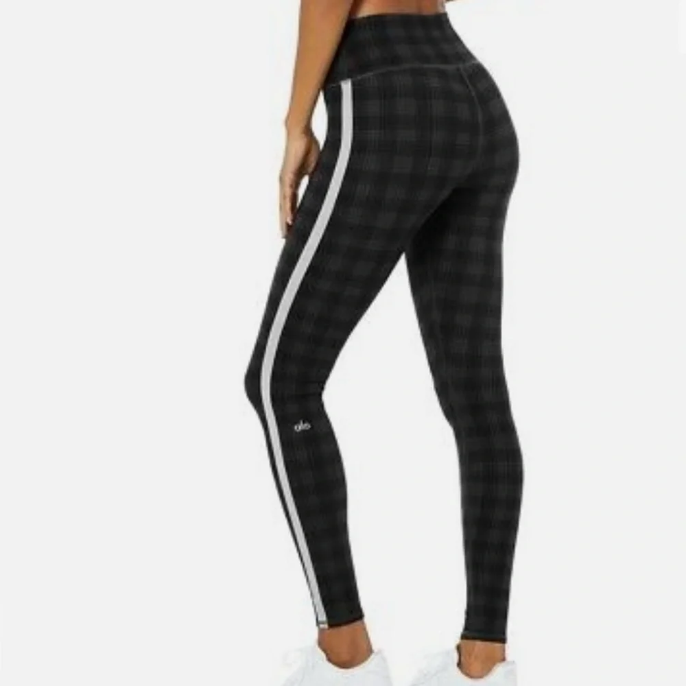 ALO Yoga Plaid High Waist Occasion Leggings,Black with White Reflective Stripe